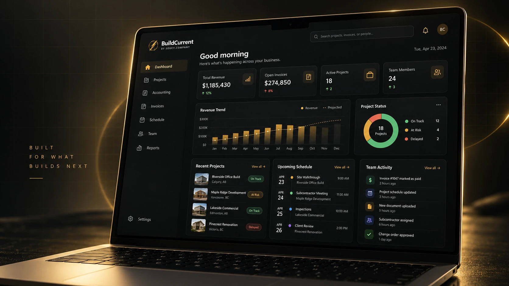 BuildCurrent operations dashboard shown on a laptop